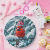 Red Kardinal Bird Wear Winter Hat Pappteller (Party)