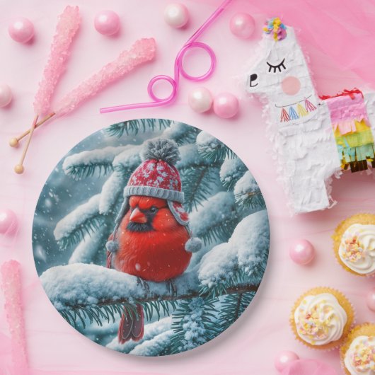 Red Kardinal Bird Wear Winter Hat Pappteller (Party)