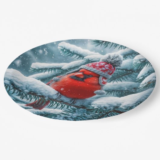 Red Kardinal Bird Wear Winter Hat Pappteller (Schrägansicht)