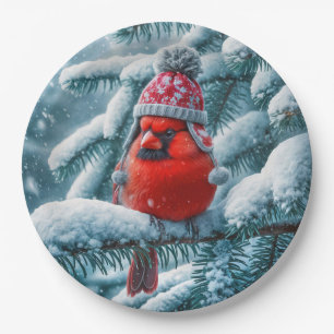 Red Kardinal Bird Wear Winter Hat Pappteller