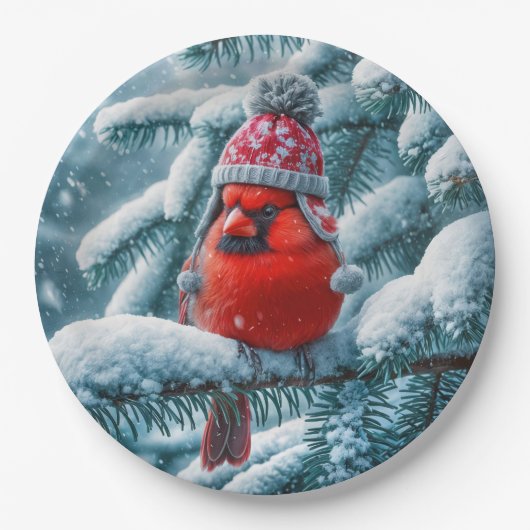 Red Kardinal Bird Wear Winter Hat Pappteller (Vorderseite)