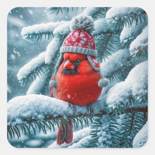 Red Kardinal Bird Wear Winter Hat Quadratischer Aufkleber (Vorderseite)