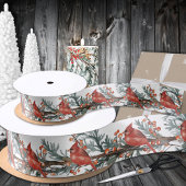 Red Kardinal Bird Winter Fütternd auf Ilex Berries Satinband