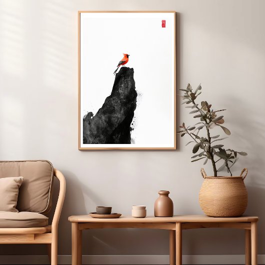 Red Kardinal Bird - Zen Tinte Wash Wall Poster