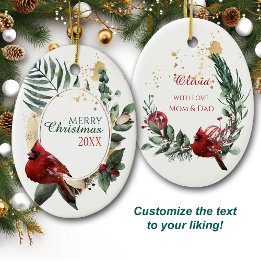 Red Kardinal Green Leaf Wreath Holiday Keramik Ornament