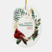 Red Kardinal Green Leaf Wreath Holiday Keramik Ornament (Vorne)