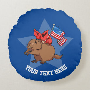 Red Kardinal & Groundhog USA Flag Cartoon und Text Rundes Kissen
