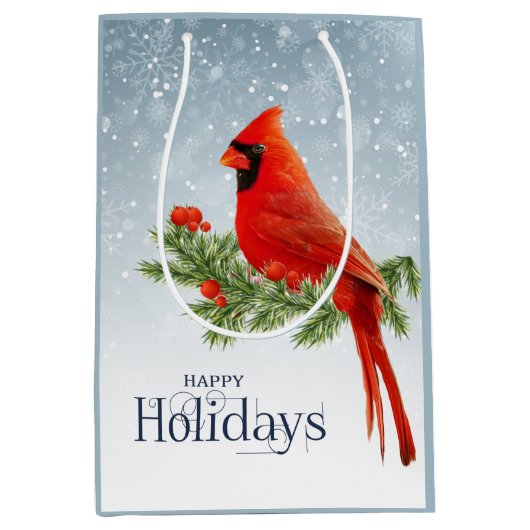 Red Kardinal Happy Holidays Geschenktasche Mittlere Geschenktüte (Vorderseite)