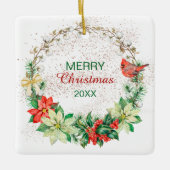Red Kardinal Holiday Wreath Keramikornament (Vorderseite)