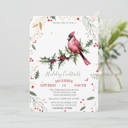 Red Kardinal Holly Berry Company Weihnachten Einladung (Stehend Vorderseite)