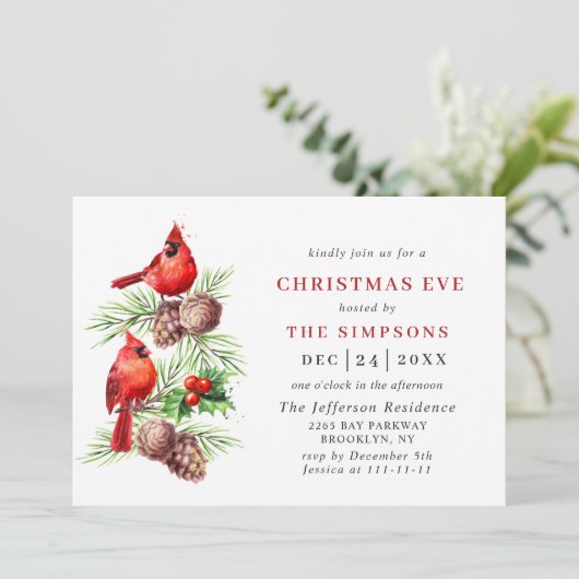 Red Kardinal Holly Berry Holiday CHRISTMAS EVE Einladung (Stehend Vorderseite)