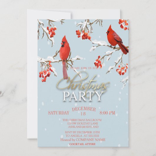 Red Kardinal Tree Branches Weihnachten Einladung (Vorderseite)