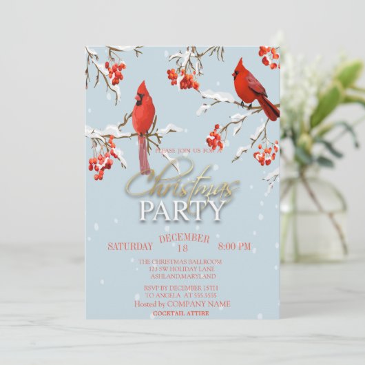 Red Kardinal Tree Branches Weihnachten Einladung (Stehend Vorderseite)
