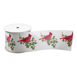 Red Kardinal und Holly Branch Pattern Weihnachten Satinband