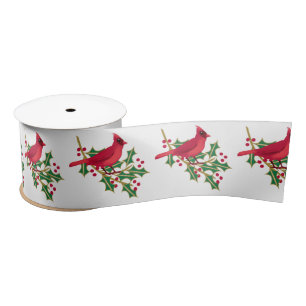 Red Kardinal und Holly Branch Pattern Weihnachten Satinband
