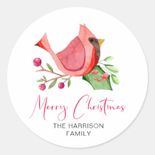Red Kardinal Watercolor Custom Frohe Weihnachten Runder Aufkleber