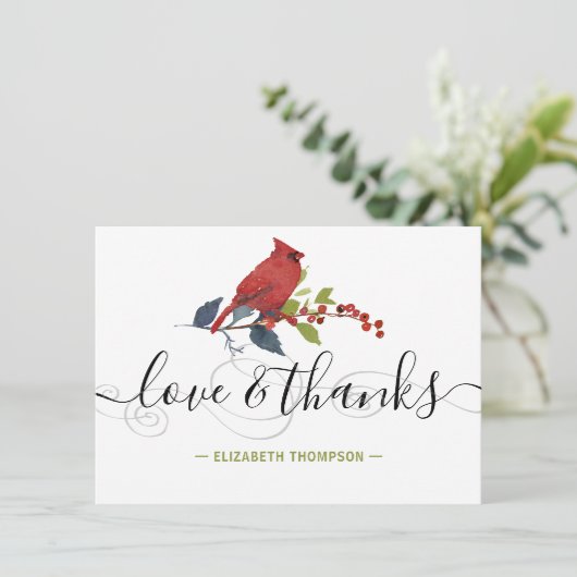 Red Kardinal Watercolor Monogram Liebe & Danke (Stehend Vorderseite)