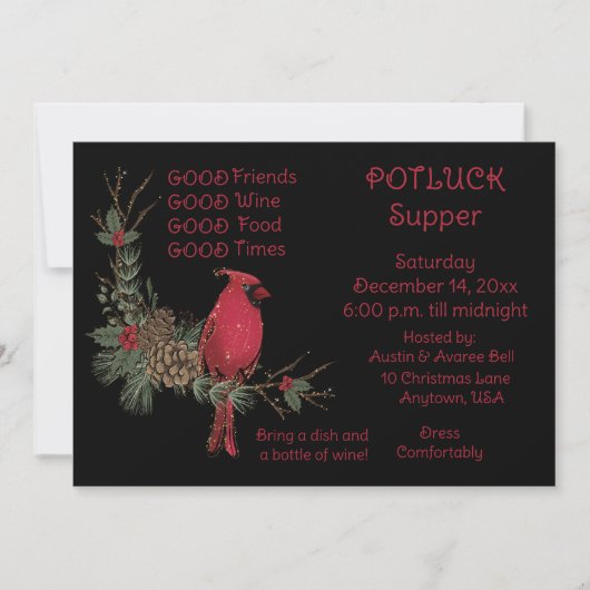 Red Kardinal Wreath Christmas Pot Luck Supper Einladung (Vorderseite)