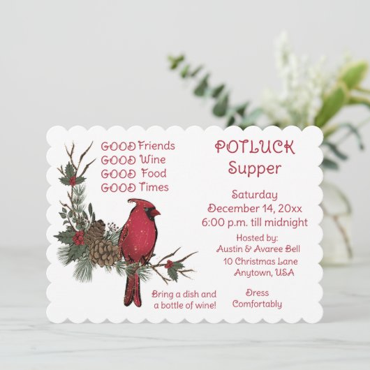 Red Kardinal Wreath Christmas Pot Luck Supper Einladung (Stehend Vorderseite)