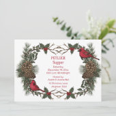 Red Kardinal Wreath Christmas Pot Luck Supper Einladung (Stehend Vorderseite)