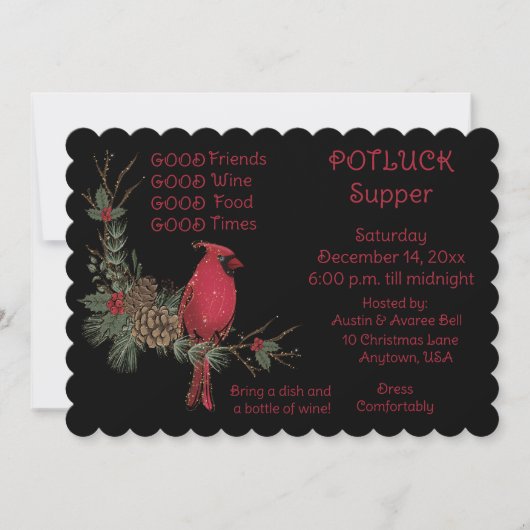 Red Kardinal Wreath Christmas Pot Luck Supper Einladung (Vorderseite)
