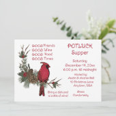 Red Kardinal Wreath Christmas Pot Luck Supper Einladung (Stehend Vorderseite)