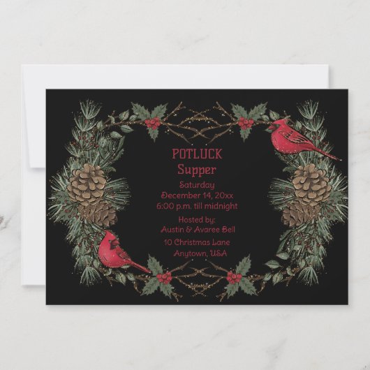 Red Kardinal Wreath Christmas Pot Luck Supper Einladung (Vorderseite)