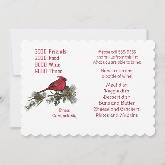 Red Kardinal Wreath Christmas Pot Luck Supper Einladung (Rückseite)