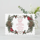 Red Kardinal Wreath Christmas Pot Luck Supper Einladung (Stehend Vorderseite)