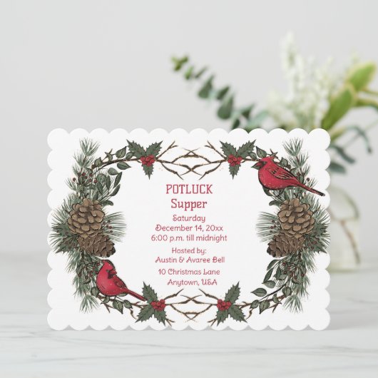 Red Kardinal Wreath Christmas Pot Luck Supper Einladung (Stehend Vorderseite)