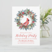 Red Kardinal Wreath Holiday Party Einladung (Stehend Vorderseite)