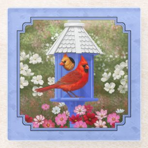 Red Kardinals Bird House Flower Garden Blue Glasuntersetzer