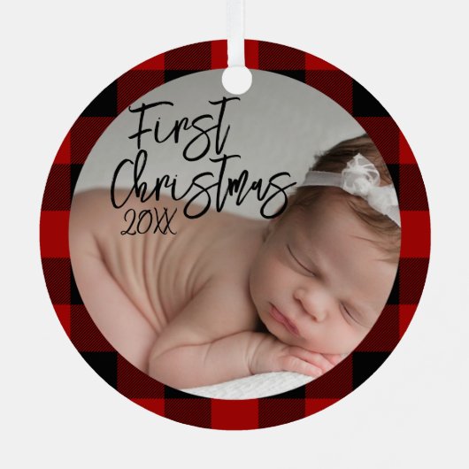 Red Kariert Baby's First Christmas Ornament Aus Metall (Rückseite)