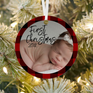 Red Kariert Baby's First Christmas Ornament Aus Metall