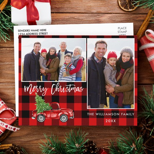 Red Kariert Brush Script Truck 2 Foto Weihnachten Postkarte