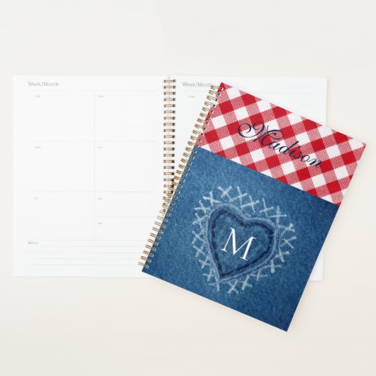 Red Kariert Buffalo Karo Denim Heart Monogram Planer (Anzeige)