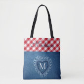 Red Kariert Buffalo Karo Denim Heart Monogram Tasche (Vorderseite)