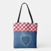 Red Kariert Buffalo Karo Denim Heart Monogram Tasche (Rückseite)
