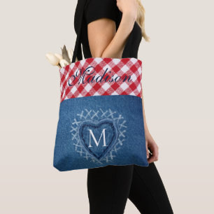 Red Kariert Buffalo Karo Denim Heart Monogram Tasche