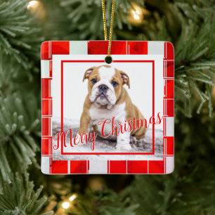 Red Kariert Bulldog Dog Foto Frohe Weihnachten Keramikornament