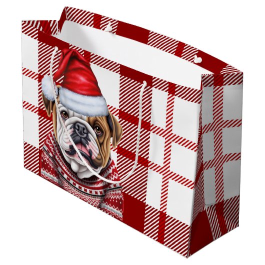 Red Kariert Bulldog Lover Holiday Große Geschenktüte (Rückseite Schrägansicht)