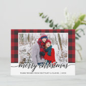 Red Kariert Calligraphy Couple Frohe Weihnachten (Stehend Vorderseite)