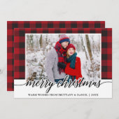 Red Kariert Calligraphy Couple Frohe Weihnachten (Vorne/Hinten)