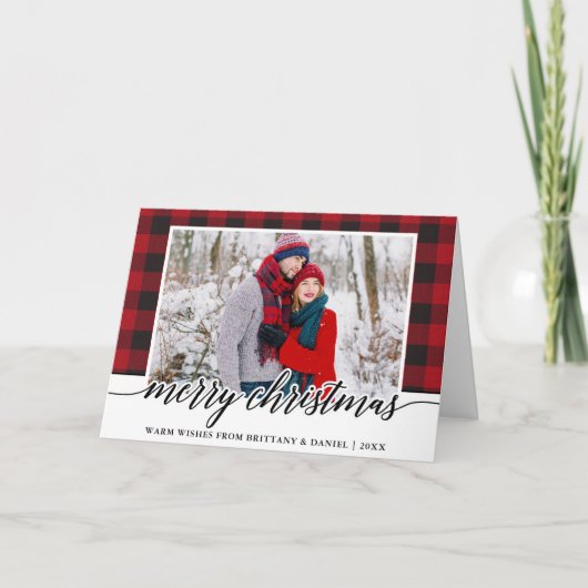 Red Kariert Calligraphy Couple Frohe Weihnachten (Vorderseite)