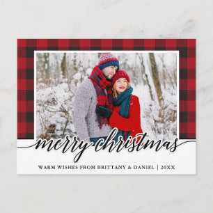 Red Kariert Calligraphy Couple Frohe Weihnachten Postkarte