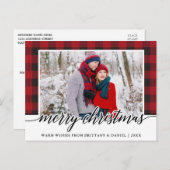 Red Kariert Calligraphy Couple Frohe Weihnachten Postkarte (Vorne/Hinten)