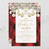 Red Kariert Christmas Gold Ornaments Kinderdusche Einladung (Vorne/Hinten)