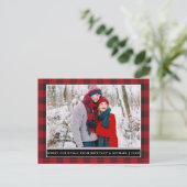 Red Kariert Couple Foto Frohe Weihnachten Postkarte (Stehend Vorderseite)