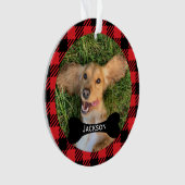 Red Kariert Custom Bone Namplate Dog Foto Ornament (Vorderseite)