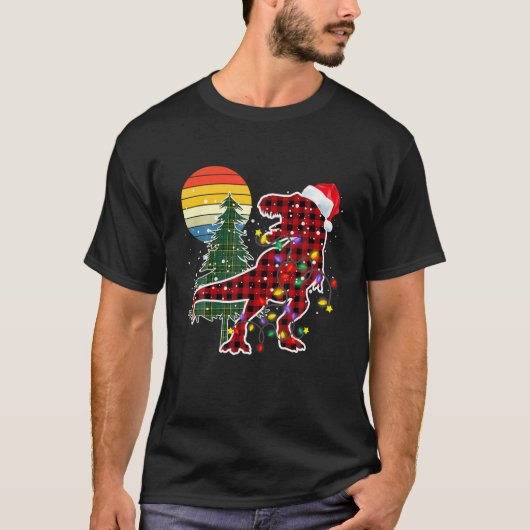 Red Kariert Dinosaur Christmas Tree Lights Pajamas T-Shirt (Vorderseite)